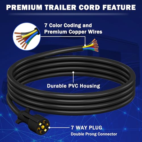 Image of CheeMuii 12 FT 7 Way Trailer Cord Heavy Duty 12 FT Trailer Wiring Harness 7 Pin Trailer Plug Inline Wire Harness Cable for Trailers RVs Campers