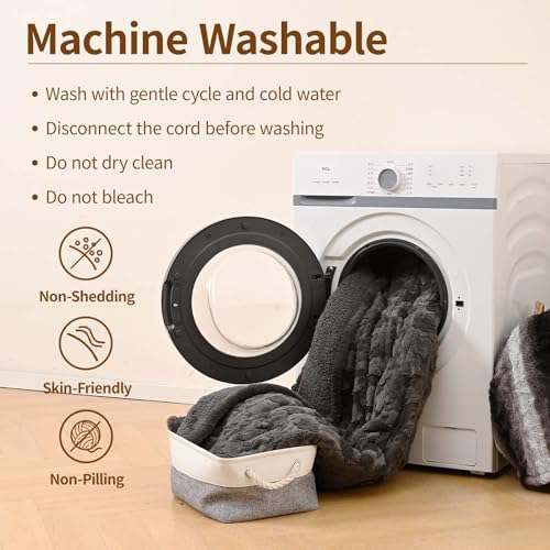 Image of Bearhug Heated Throw Blanket, 50 inchx60 inch Electric Throw, Grey Flower Patterns Faux Fur & Warm Sherpa, 4h Auto-Off Timer & 6 Heating Levels,ETL Certified, Machine Washable, Gift Box