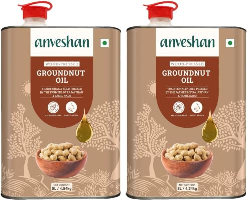 Image of Anveshan Wood Cold Pressed Ground Nut Oil - 5 Litre | Tin Can | Kolhu /Kacchi Ghani /Chekku | Peanut Oil | Natural | Chemical-Free | Cold Pressed Ground Nut Oil for Cooking (Pack of 2)