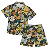 Little & Big Boy's Button Down Hawaiian Shirts and Shorts Set Toddler Baby Boy Outfit Summer Clothing 3T Seamless 70s Retro Hippie Flowers Pattern