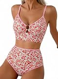 Herseas Women's High Waisted Bikini Sets O Ring Cutout Push Up Two Piece Swim Suits Stitch Floral Print Ladies Bathing Suit Slimming Beach Vacation Outfits 2026 Summer Medium