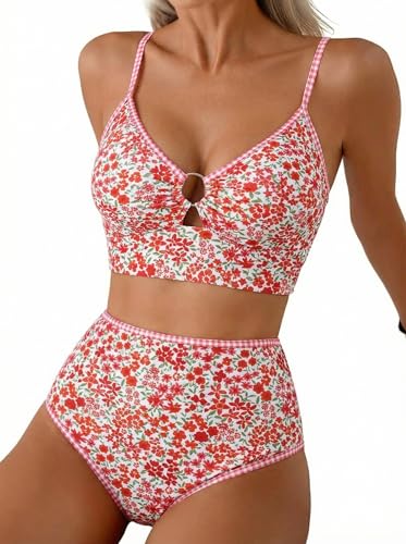 Herseas Women's High Waisted Bikini Sets O Ring Cutout Push Up Two Piece Swim Suits Stitch Floral Print Ladies Bathing Suit Slimming Beach Vacation Outfits 2026 Summer Small