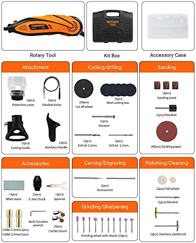 Rotary Tool, ENGINDOT 135W Rotary Multi Tool Kit with 80 Accessories and 4 attachments, Variable Speed 10000-32000 RPM, Flexible Shaft, for milling, Cutting and Engraving and DIY Creations