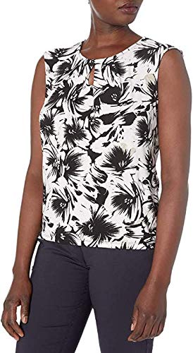 Kasper Women's Cap Sleeve Abstract Floral Printed Knit CAMI with Keyhole, Black Multi, S