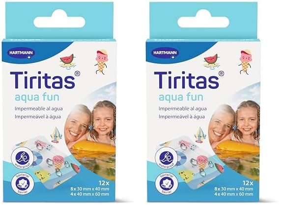 TIRITAS Aqua Kids: Apósitos aptos para contacto con agua; Con adhesivo hipoalergénico y diseños efecto tattoo perfectas para para niños. Dejan transpirar la piel; 2 tamaños; 12 unidades (Paquete de 2)