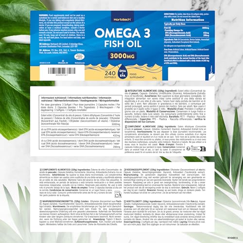 Omega 3 Kapseln Hochdosiert | 3000mg Fischöl Supplement mit EPA und DHA | 1000 mg Fish Oil pro Kapsel | 240 Stück | Horbaach – Bild 5