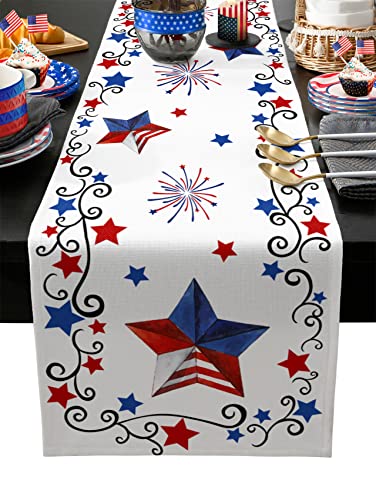 4th of July Table Runner Patriotic Stars Table Runners Independence Day Fireworks Cotton American Flag Linen Dresser Scarf Kitchen Dining Table Decor for Memorial Day Holiday Party 13x72 Inch