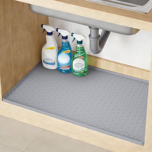 TRZZ Silicone Waterproof Under Sink Mat 34' x 22', Drip Tray and Cabinet Liner for Kitchen and Bathroom, Prevents Water Damage and Organizes Cabinets (Grey)