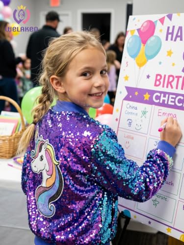 Image of WELAKEN Unicorn Sequin Jacket for Girls Kids Toddler Sparkle Zipper Bomber Jacket with Pockets