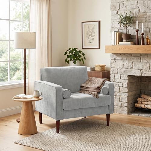Image of Accent Chairs Stet of 2, Chenille Upholstered Armchairs for Living Room, Comfy Single Sofa Bedroom Reading Seat with 2 Bolster Pillows, Light Gray