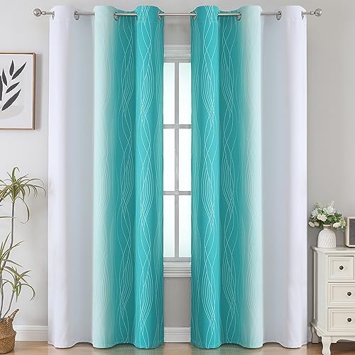 Estelar Textiler Teal and Greyish White Room Darkening Blackout Curtains 84 Inches Long for Living Room, Thermal Insulated Ombre Light Blocking Grommet Blackout Drapes for Bedroom, 42Wx84L, 2 Panels