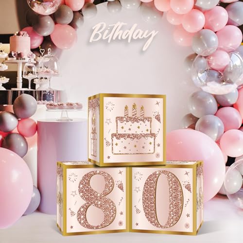 Image of Guiruiy 3Pcs 80th Birthday Decorations Boxes for Women, Pink Rose Gold 80th Birthday Balloons Boxes Party Supplies, Pink Eighty Year Old Bay Theme Cardboard Box Decor