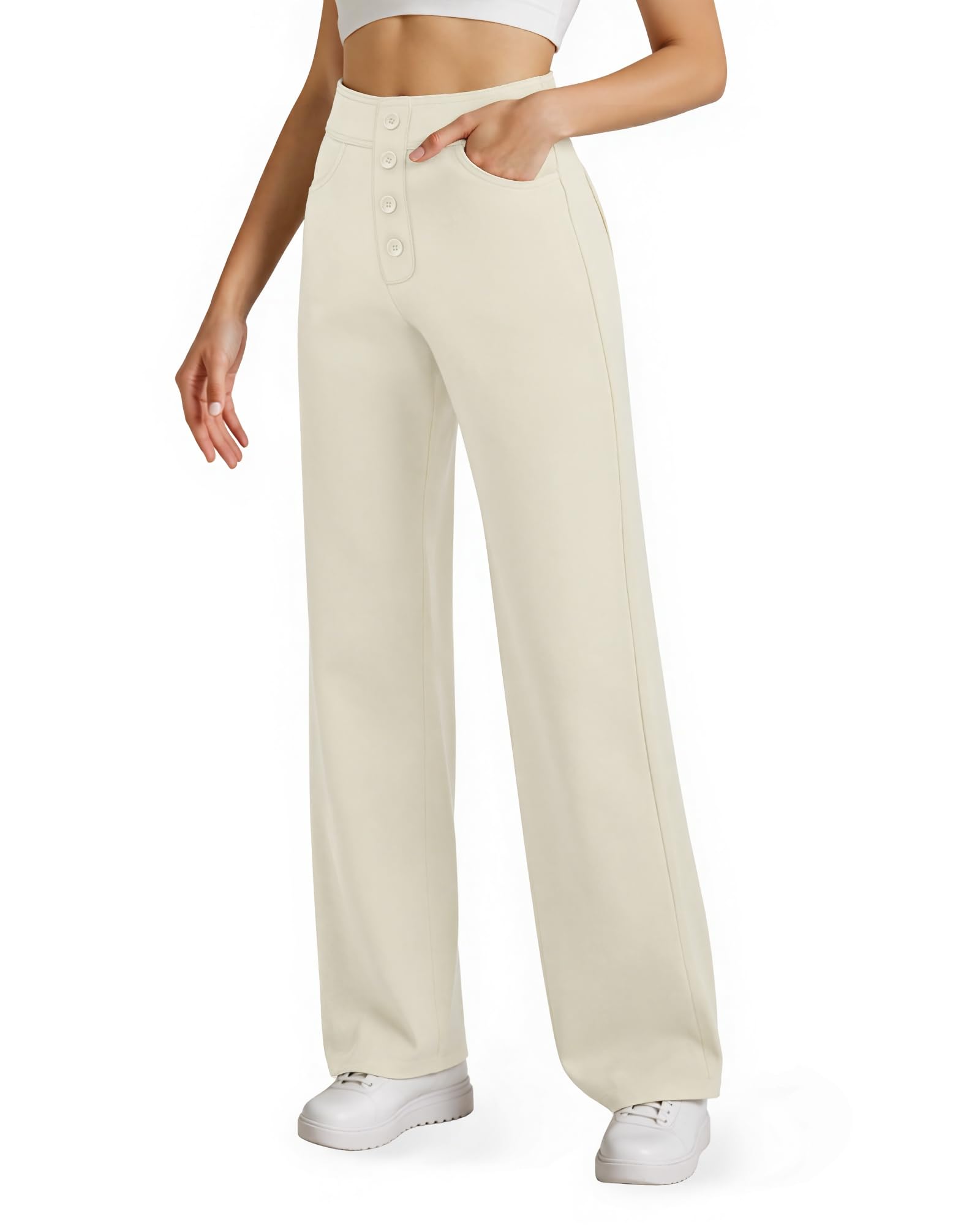 keriffe Womens Wide Leg Dress Casual Pants Pockets High Waist Button Stretchy Business Work Trousers Office Slacks