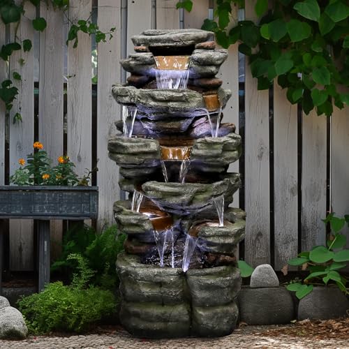 Image of SunJet 47.2 inch High 6-Tiers Cascading Rock Outdoor Water Fountain with LED Lights - Large Outdoor Fountains and Waterfalls for Garden or Patio, Yard, and Deck Decor, Featuring Natural Stone Look