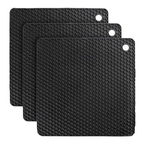 Salvamanteles de silicona antideslizante de 18,2 cm, diseño de panal de abeja, multiusos, para almohadillas calientes, soporte para cucharas, cocina y comedor (paquete de 3 unidades), color negro