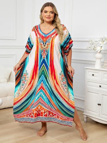 Image of KECVOT Kaftan Dresses for Women V-Neck Print Swimsuit Cover Up Plus Size Beach Caftan Lounge Dress