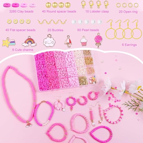 Image of Hudux 3500PCS Pink Clay Beads for Bracelet Making Kit, Heishi Bead for Jewelry Making, Friendship Bracelet Kit, Spacer Beads for Adult Necklace Earring DIY