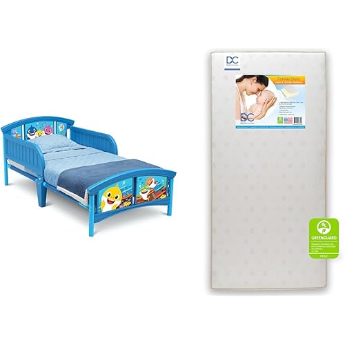 Delta Children Baby Shark Plastic Toddler Bed with Twinkle Stars Dual Sided 6" Crib and Toddler Mattress