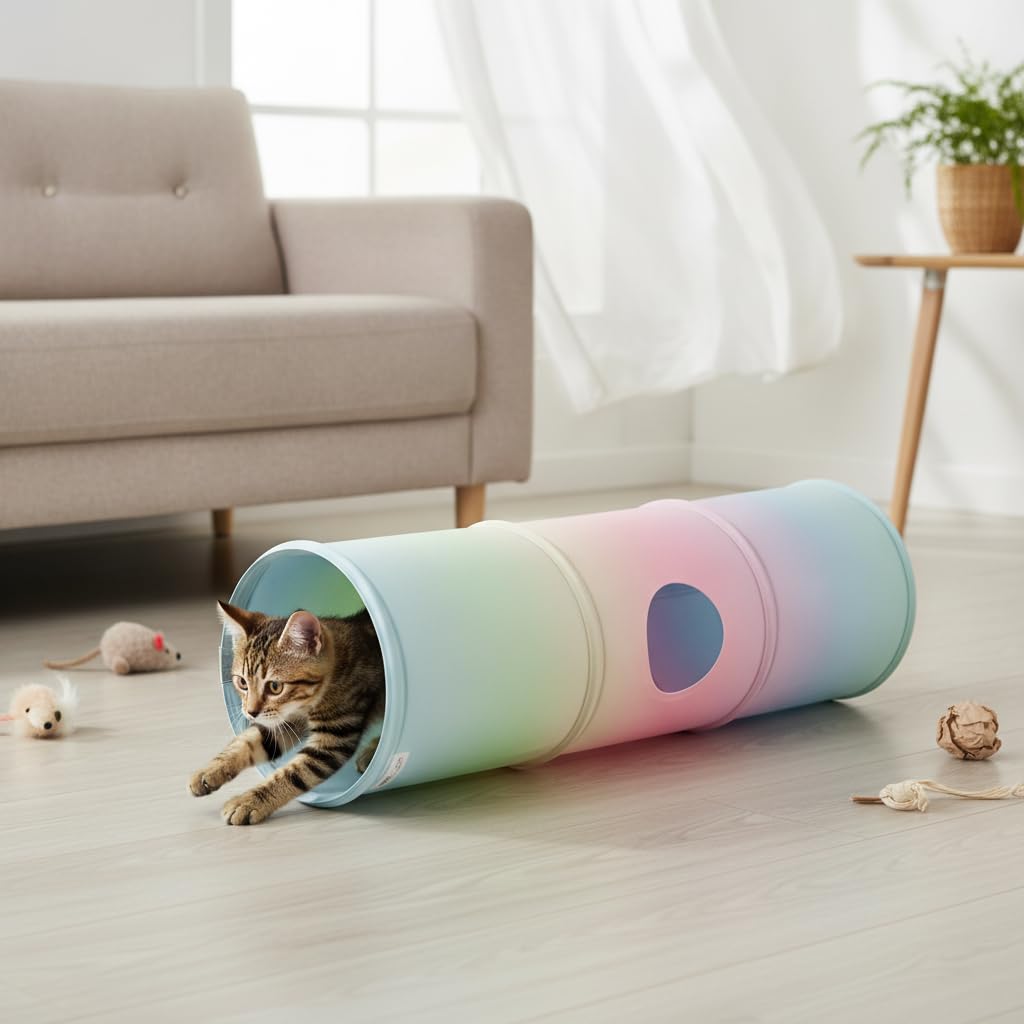 Tunnel pieghevole per gatti arcobaleno, Giocattolo interattivo per animali domestici, gioco per gatti, Coniglio, Medio