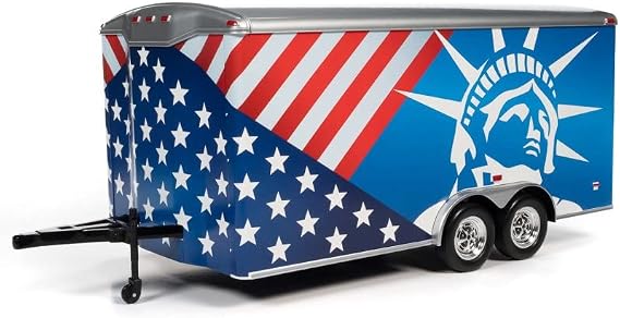 ModelToyCars Four Wheel Enclosed Trailer,Red,White and Blue Acme AMM1284 1/18 Scale Diecast Model Replica