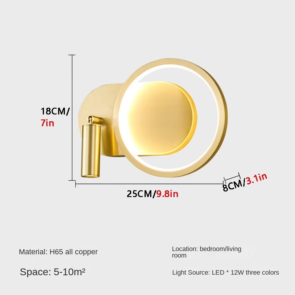 Kinkiet z lampką nocną do czytania, metalowe kinkiety z obrotowym reflektorem, nowoczesne ściemnialne lampy ścienne LED, oświetlenie sypialni, kinkiet 12 W, złoty,Gold