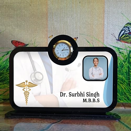 Image of Acrylic UV Print Table Sign Stand, Printed Acrylic Sign or Name Plate for Doctor, Teacher, Advocate, Medical, Proprotor office or personal use with Photo Print(without LED)