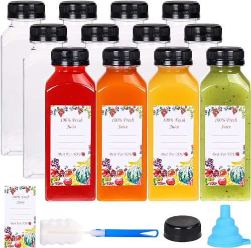 KAHEIGN 12 Pièces Bouteilles de Jus en Plastique avec Bouchons Inviolables, 360ml Conteneurs Vides pour Boissons à Base de Jus Transparent Réutilisables...