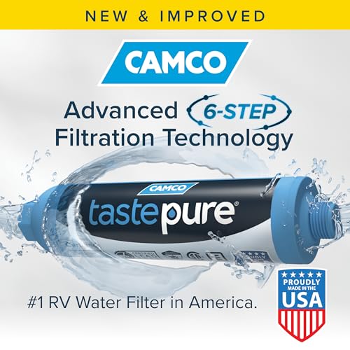 Camco Tastepure RV Water Filter - Advanced 6-Step Patent-Protected Filtration - Camping Essentials for Fresh Drinking Water - 2-Pack of RV Inline Water Filters, Made in USA (40045)
