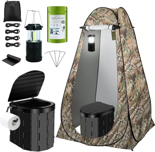 Portable Toilet Kit, Camping Toilet with Pop-Up Privacy Tent and Poo Gel Toilet Bags, Washable Portable Outdoor Showers Changing Rooms