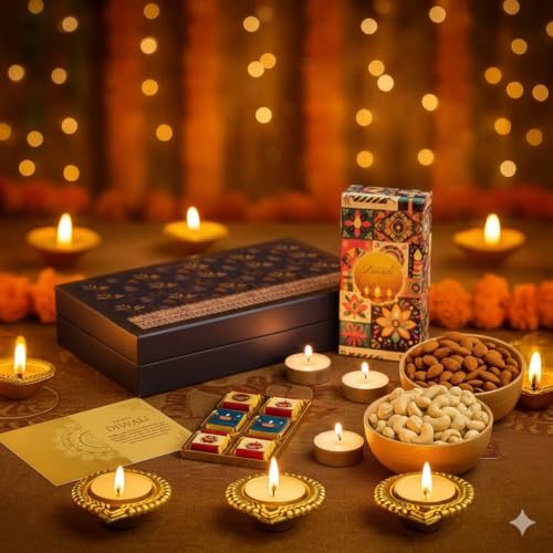 Image of Fruitri Premium Diwali Gift Hamper with Almonds, Cashews, Assorted Chocolates, Diyas & Wax Candles - Luxury Festive Gift Box with Greeting Card for Family, Friends & Corporate Gifting