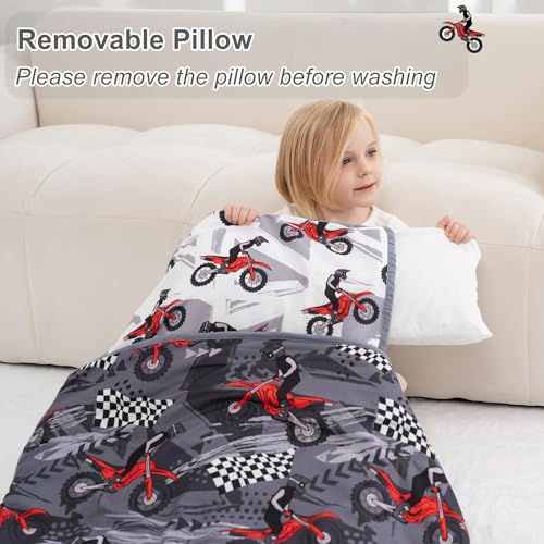 Image of Viviland Toddler Nap Mat with Pillow and Minky Dot Blanket, Rolled Large Sleeping Mat for Boys, Kids Slumber Bag /Nap Mat for Preschool, Daycare, Kindergarten, Travel Camping - Cool Motocycle