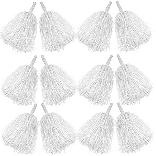 Comicfs 12 PCS Cheerleading Pom Poms Cheer Pom Poms Fun Pom Poms Cheerleading Poms with Plastic Handles for Cheering Squad Team Spirited Sports Dance Kids Girls (Soft Plastic- White)