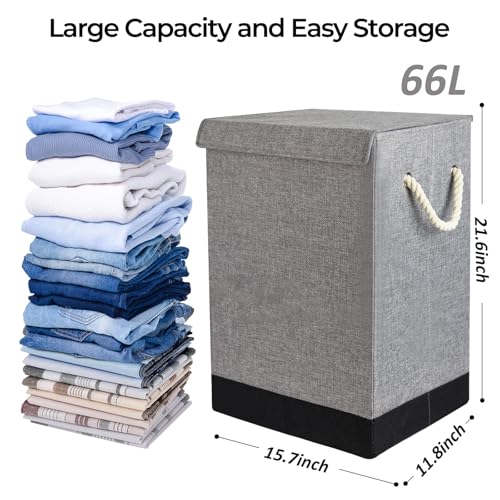 Large Laundry Basket with Lid,Light Grey and Black Collapsible Laundry Hamper with Handles,Dirty Clothes Hamper for Dirty Clothes,Bedroom,Bathroom,Laundry Room,Dorm, College,Home Storage - Image 2