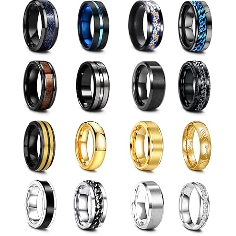 EIELO 16Pcs Stainless Steel Band Rings for Men Cool Black Gold Silver Plated Rings Comfort Fit Fidget Spinning Chain Ring Fashion Simple Mens Wedding Engagement Ring Set 11 Cover