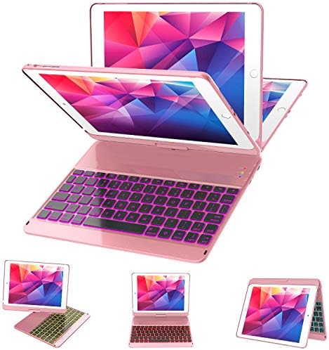 iPad Keyboard Case 9.7 for iPad 2018 (6th Gen) - 2017 (5th Gen) - iPad Pro 9.7 - iPad Air 2 & 1, 7 Color Backlit Keyboard Case/360 Rotate Wireless/BT Keyboard Case with Auto Sleep/Wake (Rose Gold)