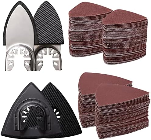 104Pcs Oscillating Tool Detail Sanding Pads Kit, 2Pcs Triangle Sanding Pads and 2Pcs Finger Sanding Pad, 100Pcs Multitool Sandpaper, Grit Fit for Finishing Wood Sanding Plaster