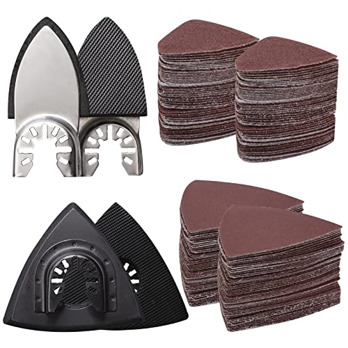 104Pcs Oscillating Tool Sanding Pads, 2Pcs Triangle Sanding Pads and 2Pcs Finger Sanding Pad, 100Pcs Multitool Sandpaper, Grit Fit for Finishing Wood Sanding Plaster