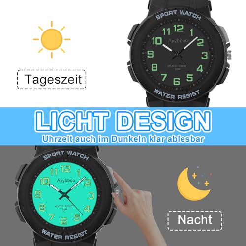 Ayybboo Kinderuhr Jungen Mädchen Analog Quarz Uhr mit Licht,Armbanduhr Kinder 50M wasserdichte Geeignet für Kinder, Jugendliche von 4-16 Jahren (Schwarz)