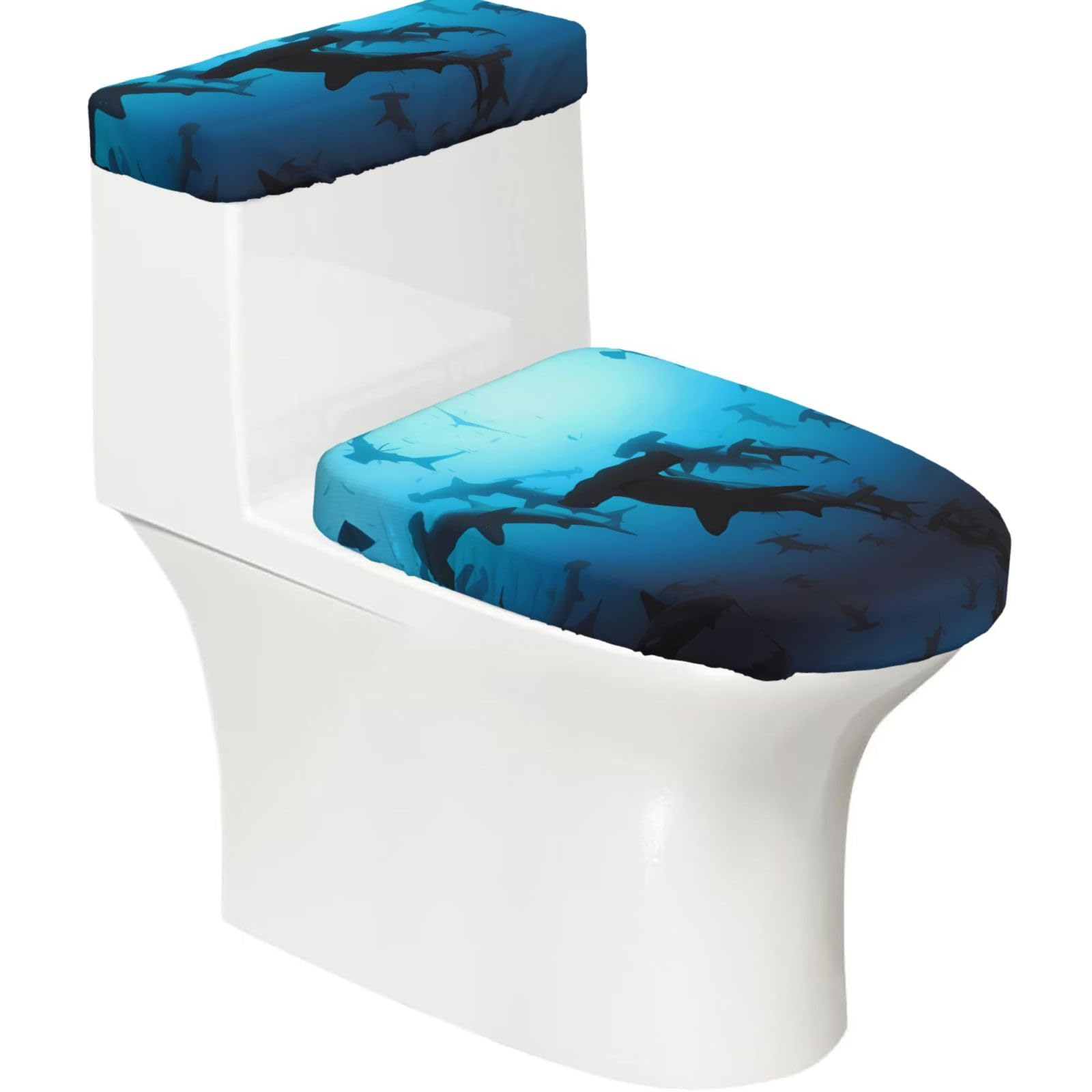 Hammerhead Sharks 2-Piece Toilet Seat Cover Set with Tank Lid - Elastic for U-Shape & Elongated - Bathroom Decor