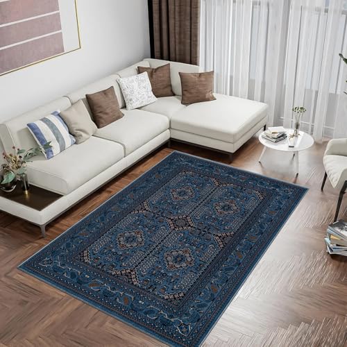 renoazul® Large Rug Living Room Carpet With Jute Back, Vintage Rugs For Living Room - Zinat 160x230 cm Turquoise - Washable Rugs For Bedroom and Lounge