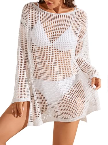 Image of Lilosy Sexy Crochet Sheer Kaftan Caftan Beach Dress Bathing Suit Swim Coverup Summer Vacation Outfits One Piece