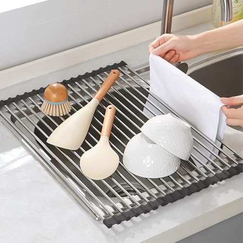 Laphontab Égouttoir à vaisselle en acier inoxydable au-dessus de l'évier, tapis d'égouttement, pliable, organisateur de cuisine pour porte-torchons,...