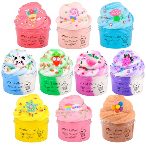 10 Pack Fluffy Cloud Slime Kit with Blue Cake Fruits Animals and Pink Games Charms Scented DIY Butter Slime Supplies for Girls and Boys Stress Relief Toy for Kids Education Birthday Party Favor