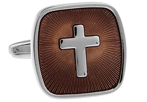 MRCUFF Cross Square Brown Christian Pair Cufflinks in a Presentation Gift Box & Polishing Cloth