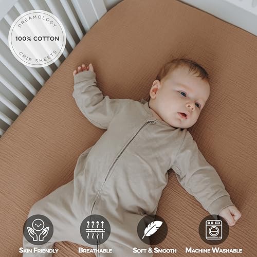 Image of Dreamology Muslin Mini Crib Sheets, 100% Cotton Crib Sheets, Soft, 2 Pack | Crib Sheets Girls,Boys,Pack n Play Sheets, Crib Sheet, Pack and Play Sheets Fitted, 24x38 Mini Crib Sheets | Brown and Ecru