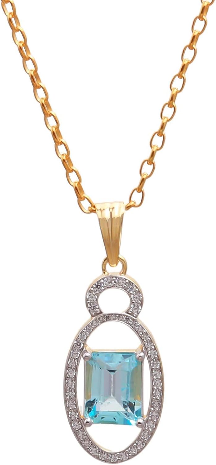 925 Sterling Silver Blue Topaz Pendant With 18 Inches Chain CZ Blue Topz Neck Jewelry Wedding | Minimal Necklace For Women