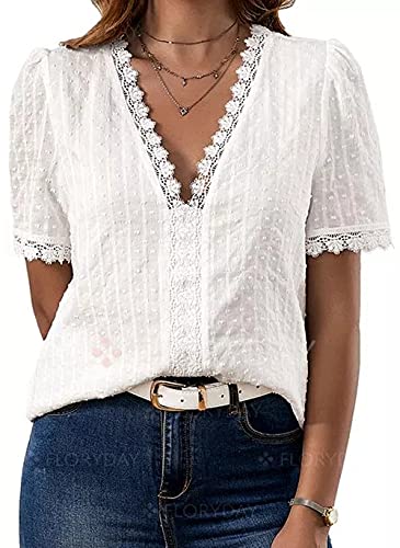 MAHUAOYIXI Camisa de Las Mujeres de Encaje con Cuello en V de Manga Corta Liso Camiseta Casual de Las Mujeres Elegante Sexy de Las Mujeres de la Moda de Gasa Top Blouse (Blanco, L) Cover
