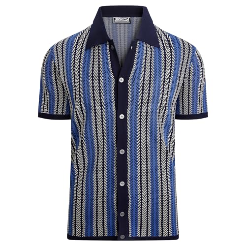 Mens Knit Striped Button Down Shirt Vintage Casual Short Sleeve Old Money Fashion Breathable Top