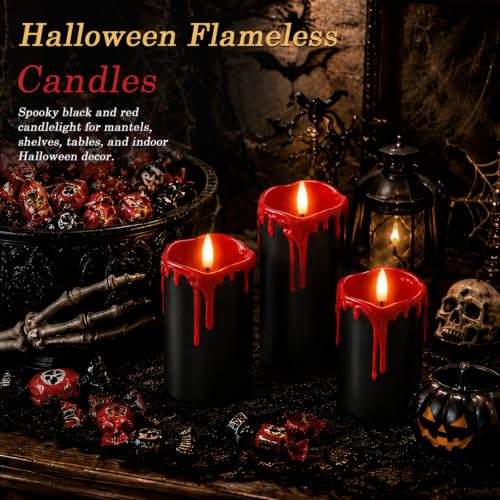 Image of Homemory Black Red Drip Real Wax Flameless Candles, Remote Timer, Set of 3