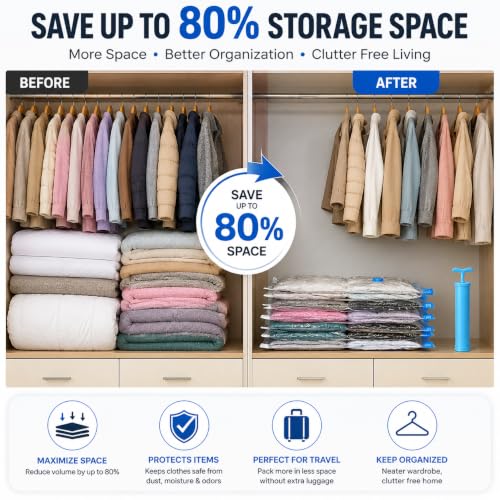 Image of Zollyss Vacuum Storage Bags for Clothes with Hand Pump | Reusable Space Saver Bags for Travel & Wardrobe Storage | Airtight Compression Bags for Blankets, Clothes & Bedding (Pack of 5)